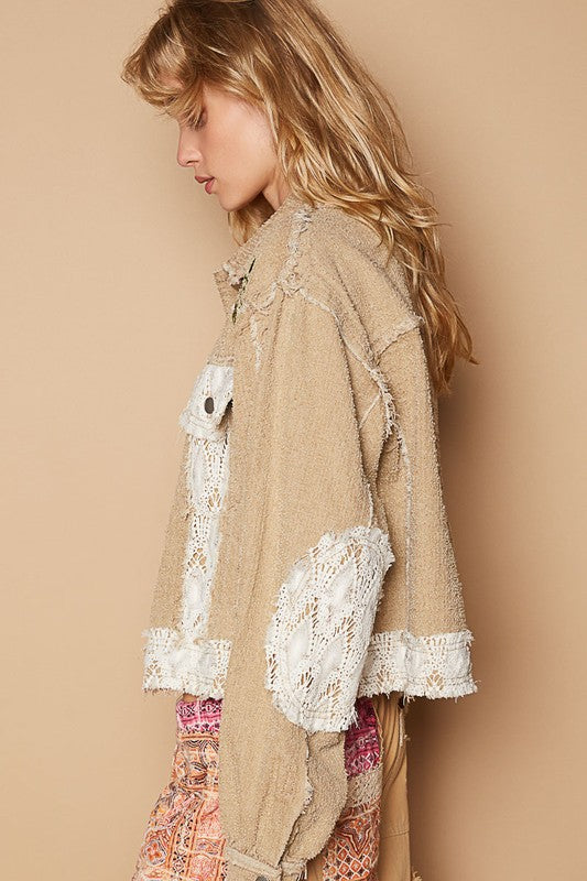 POL Sand Crochet Patch Embroidered Button Up Jacket Coats & Jackets