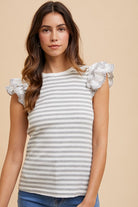 Annie Wear Light Gray Ruffled Striped Round Neck Cap Sleeve Knit Top