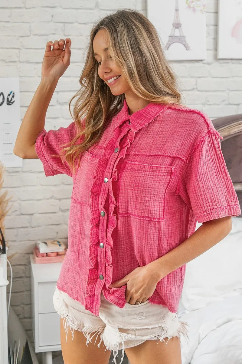 BiBi Fuchsia Mineral Washed Wrinkle Gauze Raw Edge Shirt Top