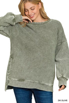 Zenana Dark Olive Acid Washed Double Ribbed Hi-low Sweatshirt