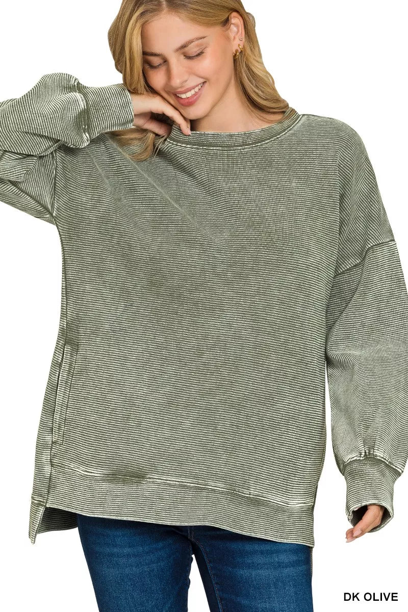 Zenana Dark Olive Acid Washed Double Ribbed Hi-low Sweatshirt