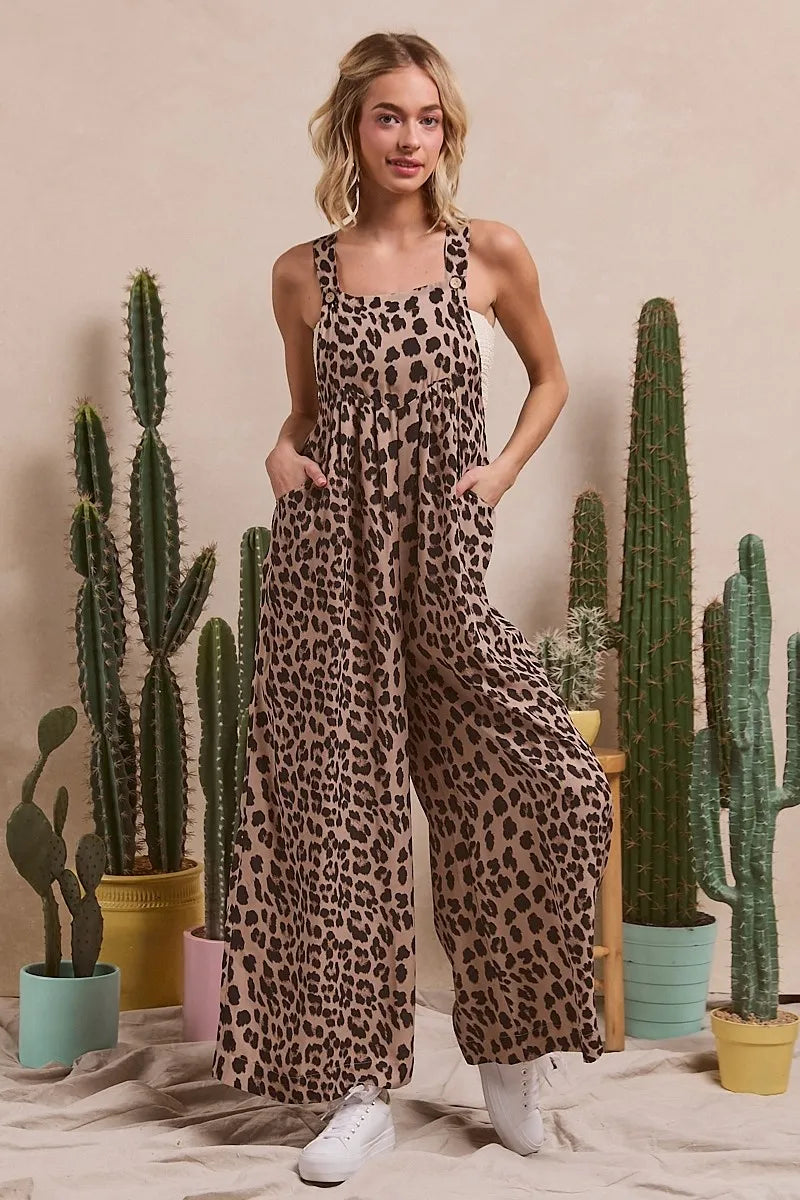 BiBi Leopard Print Wide Leg Overalls
