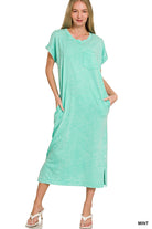 Zenana Mint Acid Washed Exposed Seam Short Sleeve T-Shirt Dress MINT