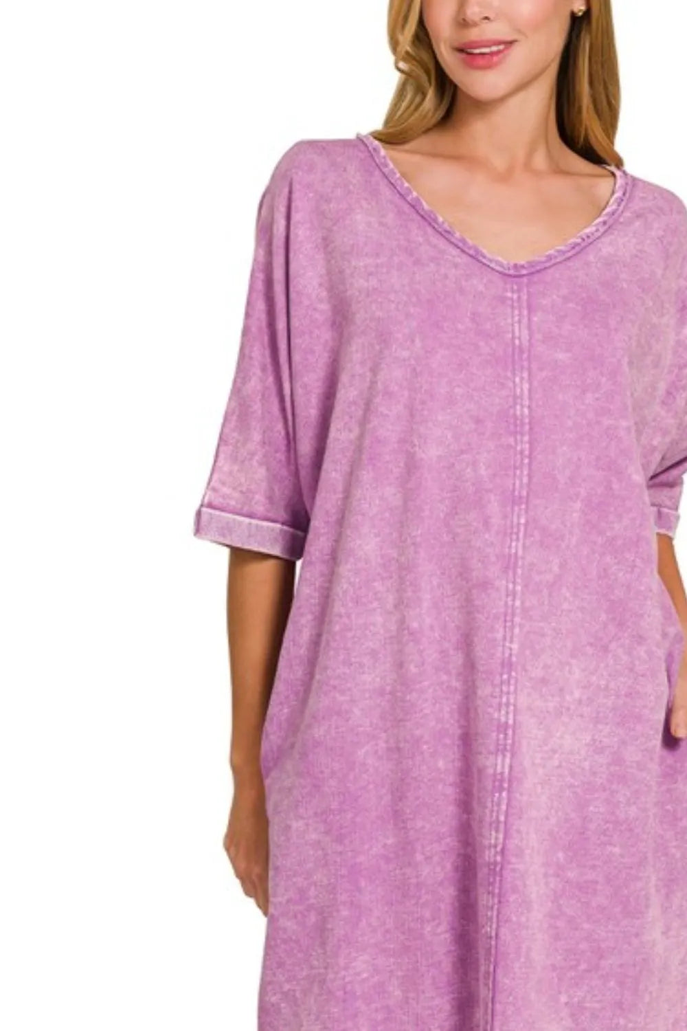 Zenana Bright Violet Acid-washed French Terry Tee Shirt Dress