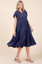 Mittoshop Dark Navy Ruffle Sleeve Collared V Neck Tiered Midi Dress