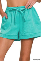 Zenana Turquoise Textured Knit Jacquard Drawstring Shorts TURQUOISE
