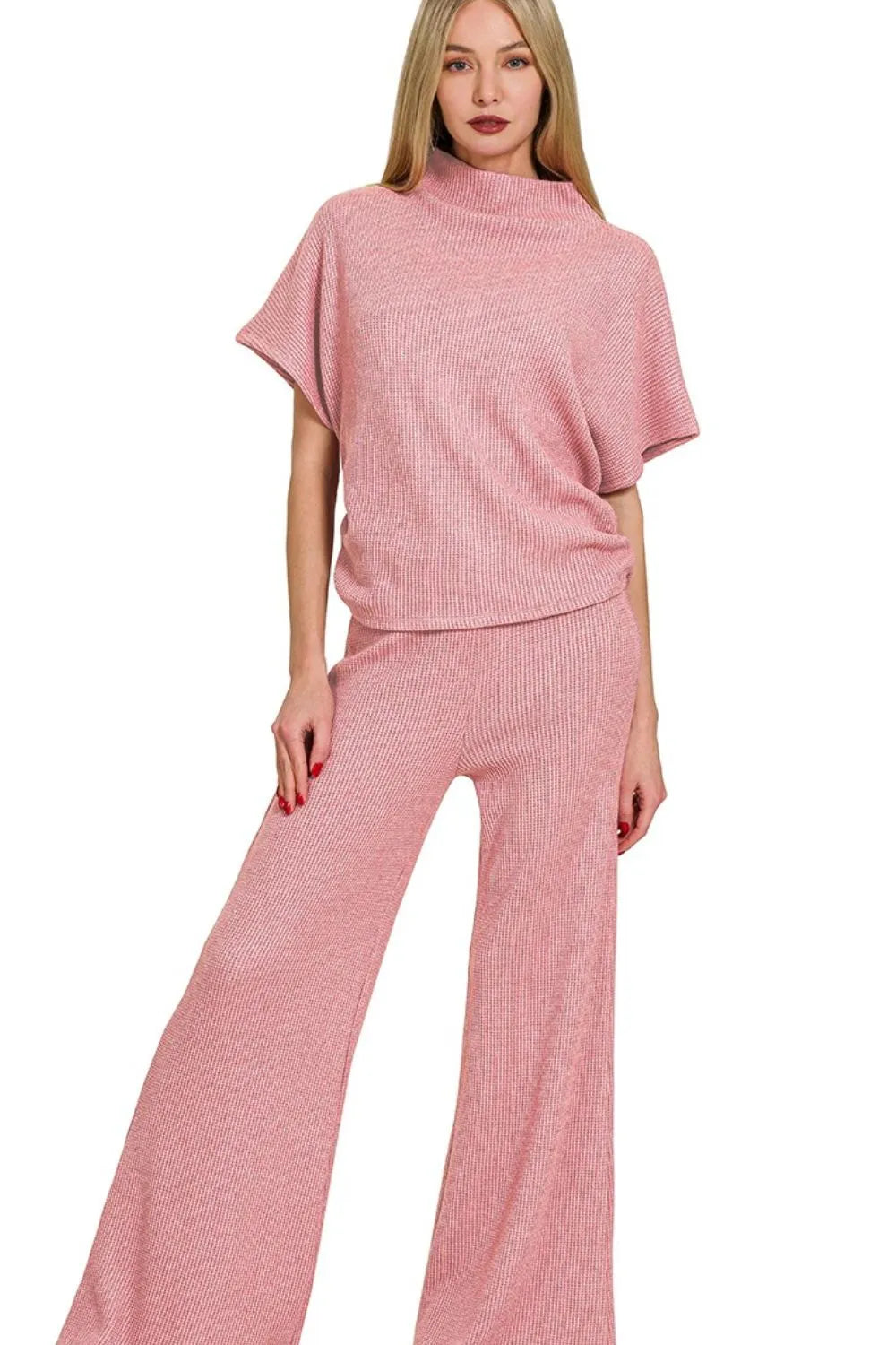 Zenana Light Rose Sweater Mock Neck Top & Long Pants Set