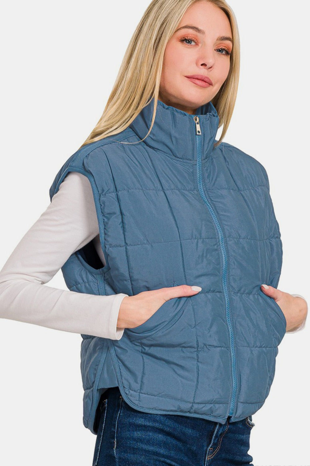 Zenana Dusty Blue Zip Up Cropped Puffer Vest with Pockets Trendsi