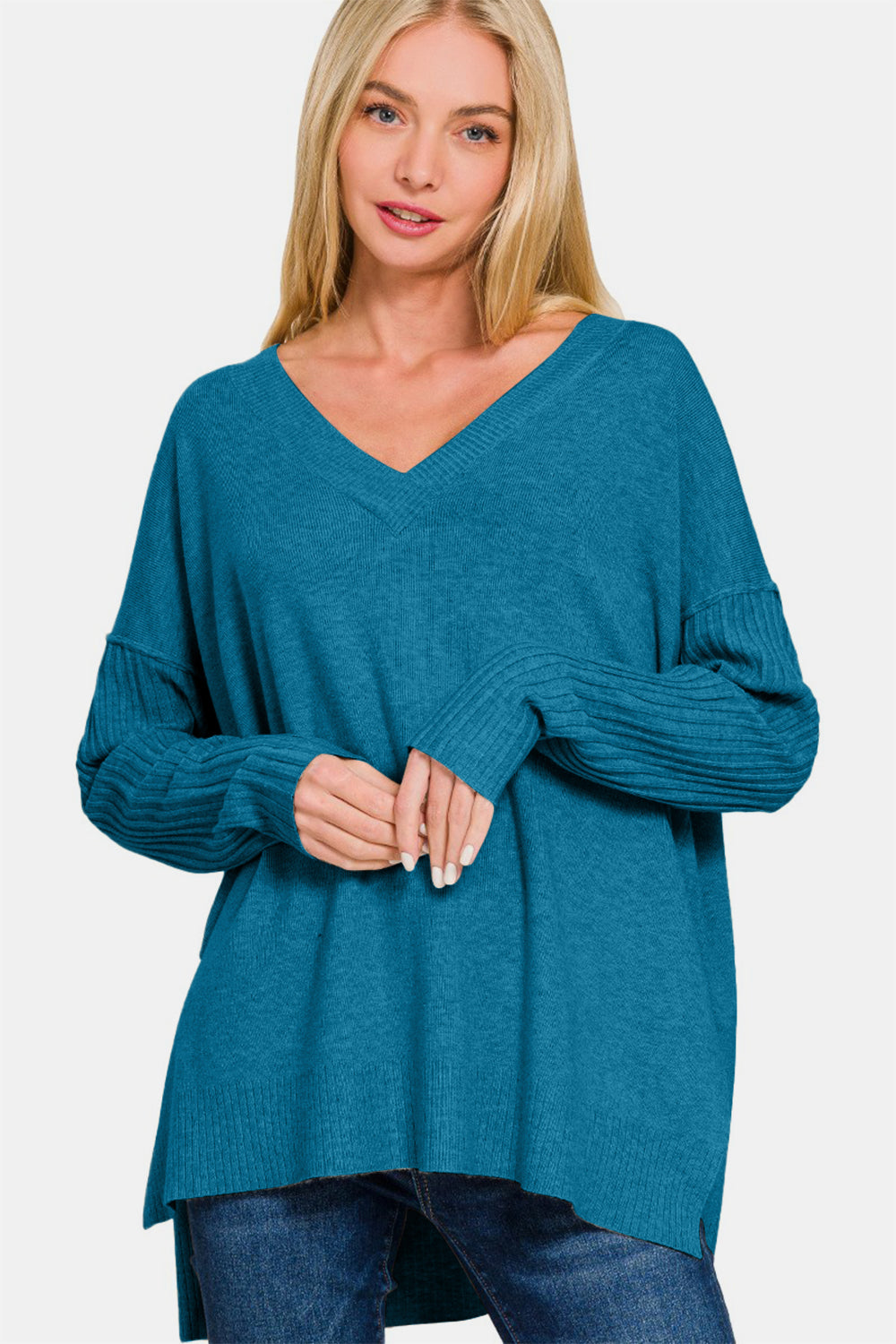 Zenana Heather Ocean Teal Viscose Hem & Sleeve V-Neck Side Slit High-Low Sweater H Ocean Teal Trendsi