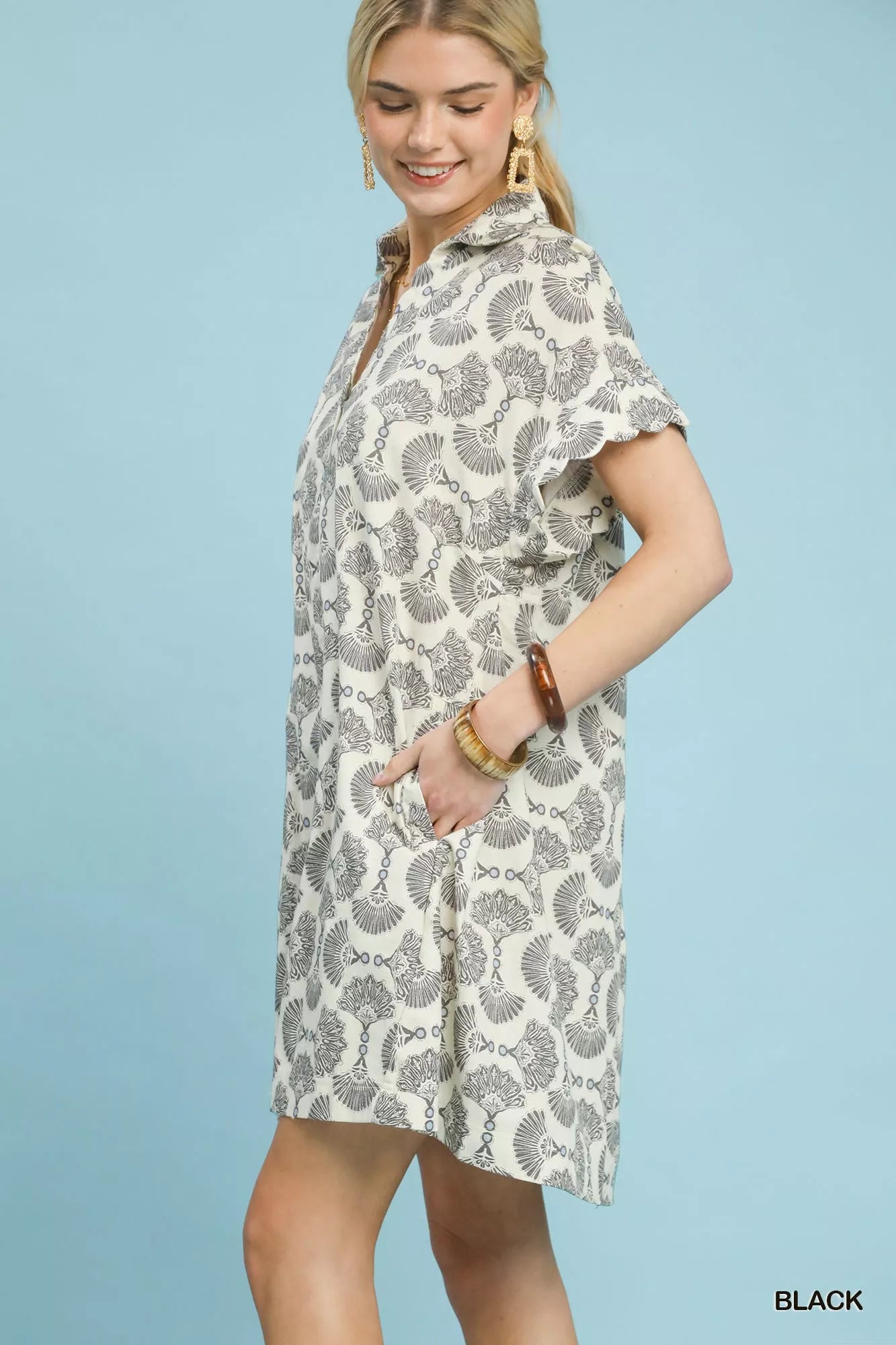 Umgee Black Printed Button Front Shirt Dress