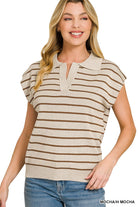Zenana Mocha Viscose Striped Collared Sweater Vest MOCHA H MOCHA