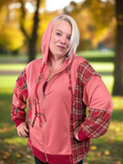 Haptics Adorable in Marsala Plaid Color Block Zipper French Terry Hoodie Shirts & Tops