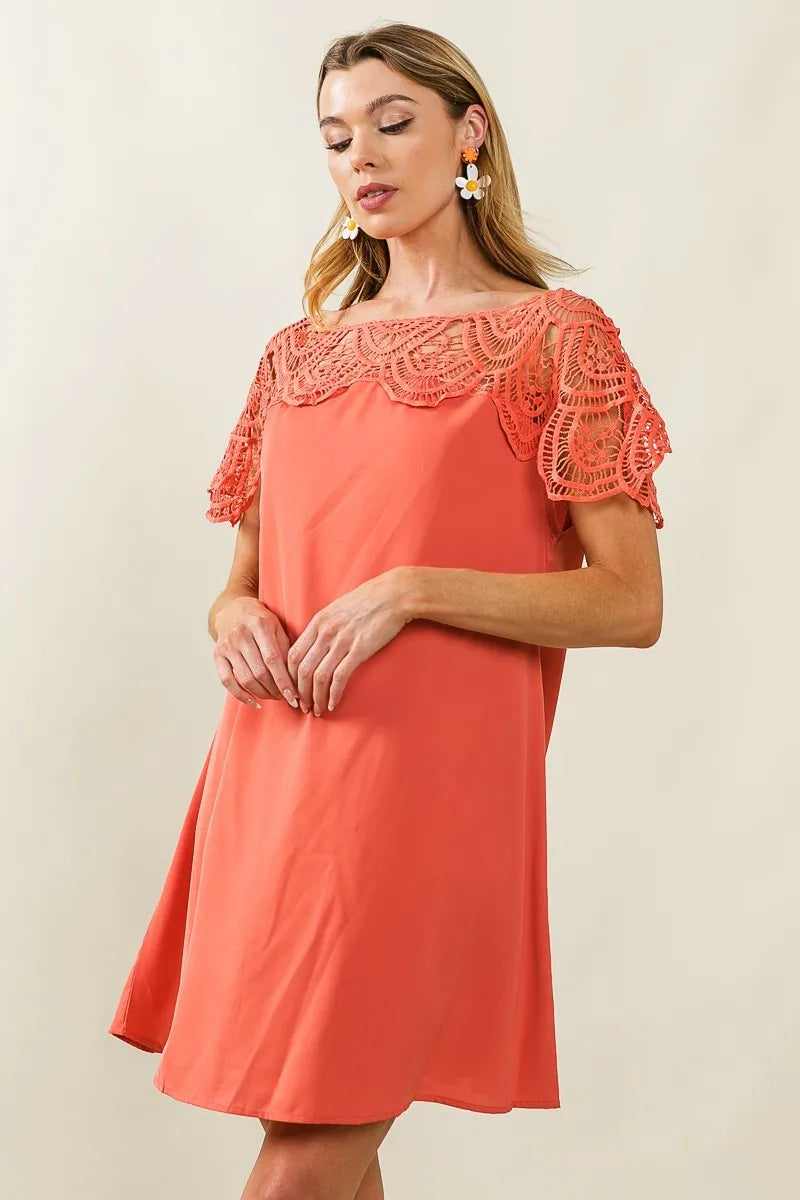 BiBi Apricot Crochet Lace Yoke Detailed Wrinkled Dress