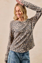BiBi Leopard Print Washed Waffle Thermal Top with Thumbholes