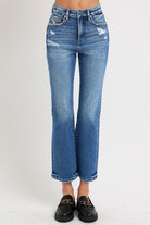 RISEN Dark Washed Tummy Control High Rise Crop Bootcut Jeans Trendsi