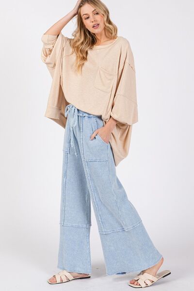 SAGE + FIG Light Blue Waffle Textured Wide Leg Mineral Washed Pants