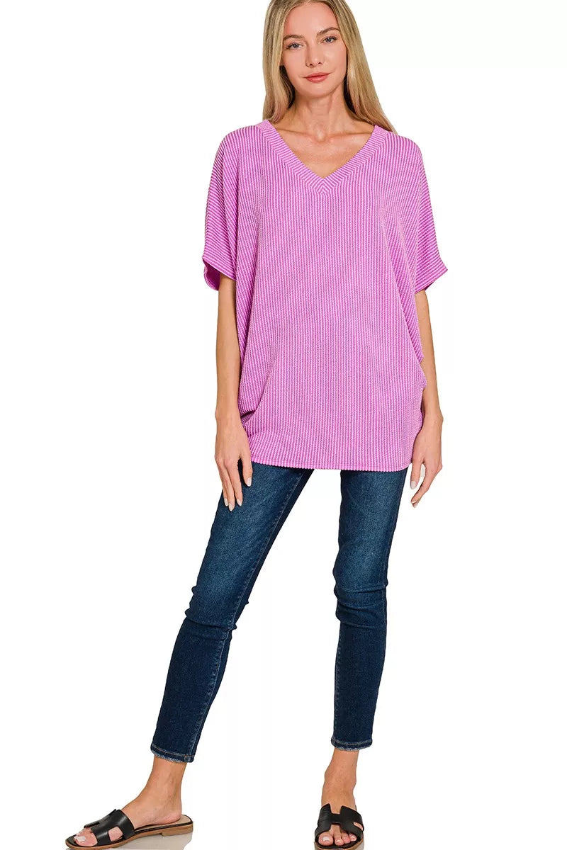 Zenana Spring Violet Raised Rib V-Neck Batwing Top