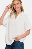 Zenana Texture Collared Neck Short Sleeve Top Off White Trendsi