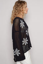 POL Black Flower Roll Edge Round Neck Drop Shoulder Knit Top