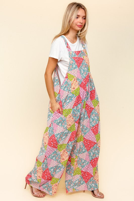 Haptics Coral Multi Printed Patchwork Wide Leg Overalls with Side Pockets