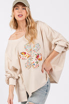 SAGE + FIG Oatmeal Flower Patch Dropped Shoulder Oversize Top Shirts & Tops