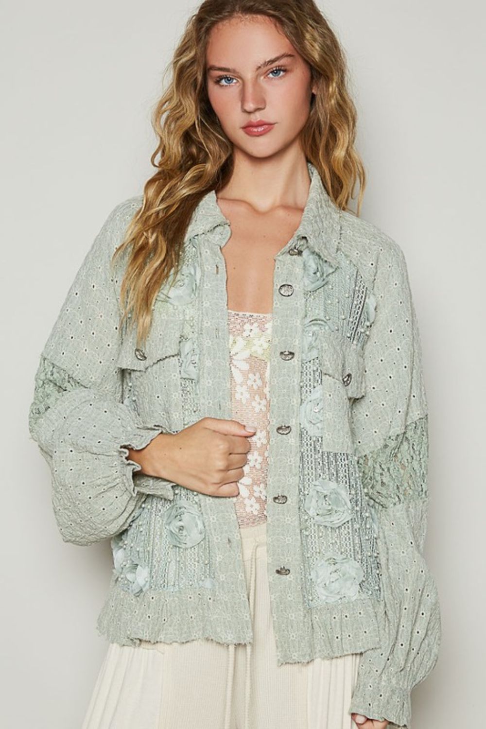 POL Sage Eyelet Flower Pearl Detail Lace Patchwork Shirt SAGE