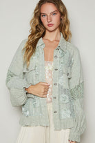 POL Sage Eyelet Flower Pearl Detail Lace Patchwork Shirt SAGE