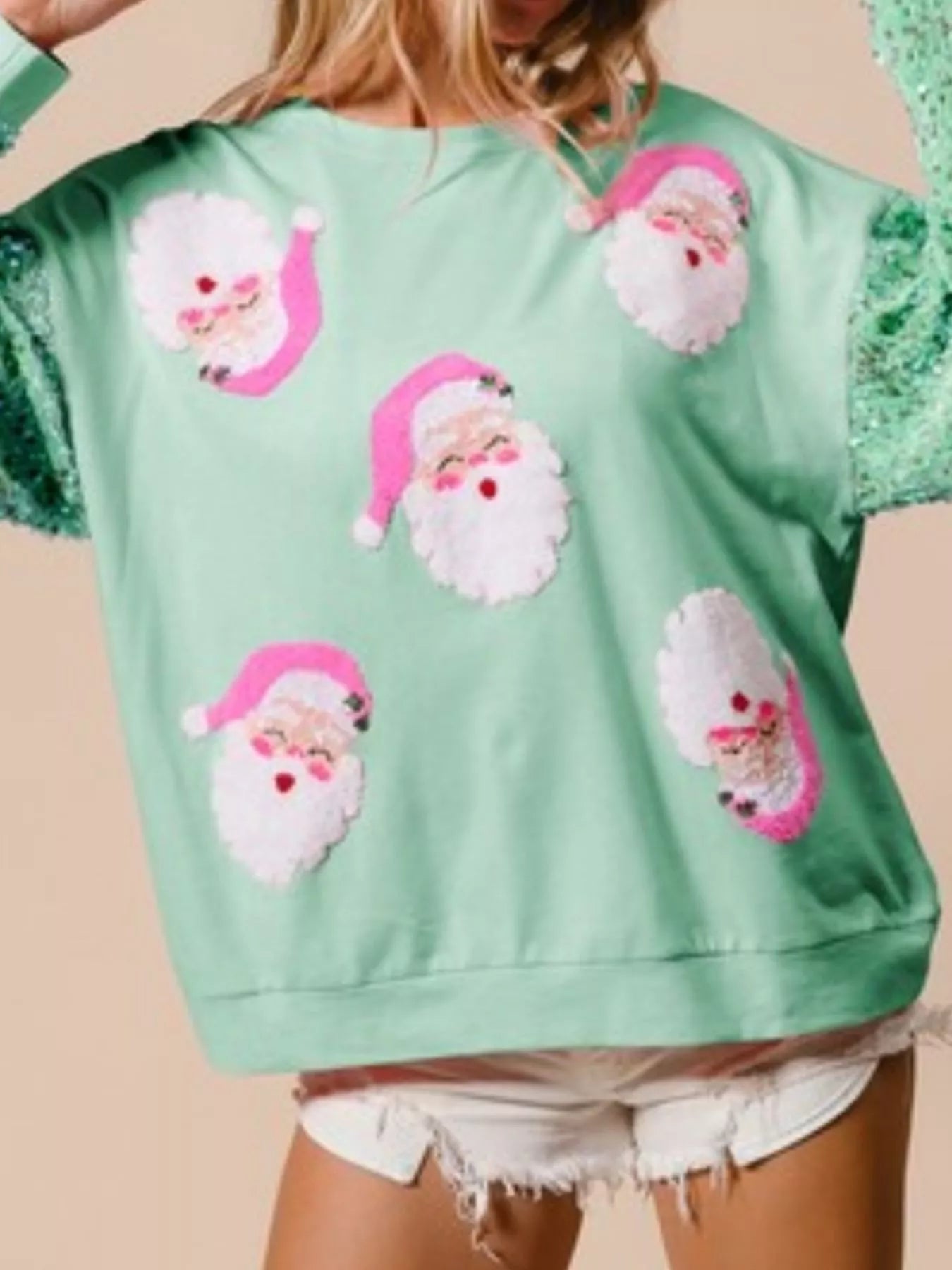 Preorder: Christmas Theme Sequin Long Sleeve Sweatshirt Light Green