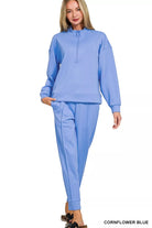 Zenana Cornflower Blue Scuba Half Zip Pullover and Jogger Set CORNFLOWER BLUE