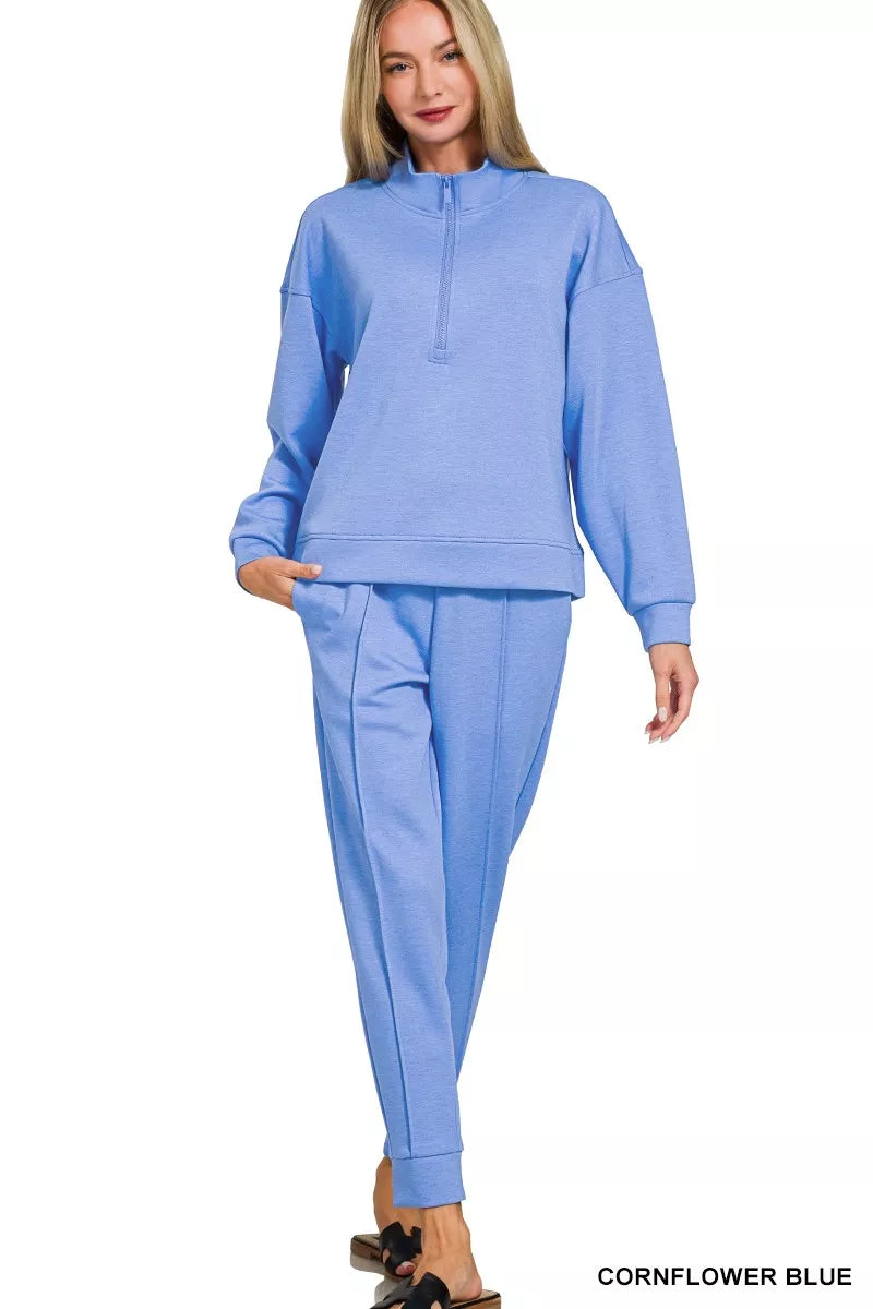 Zenana Cornflower Blue Scuba Half Zip Pullover and Jogger Set CORNFLOWER BLUE