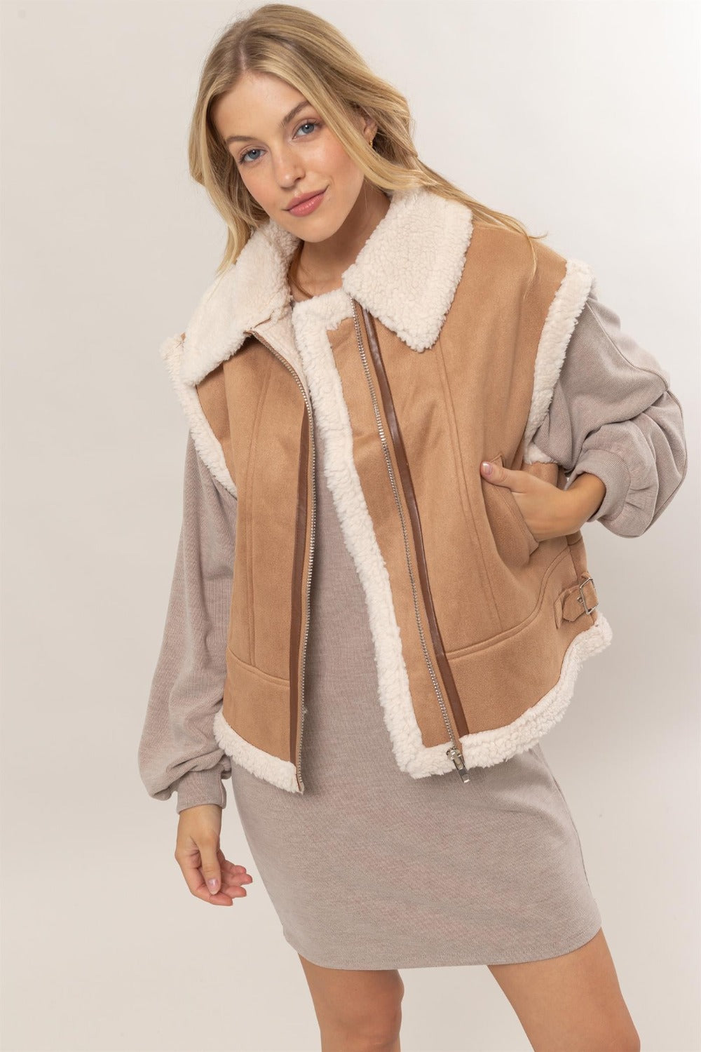 HYFVE Brown Fur-Contrast Zip Up Suede Vest Brown Trendsi