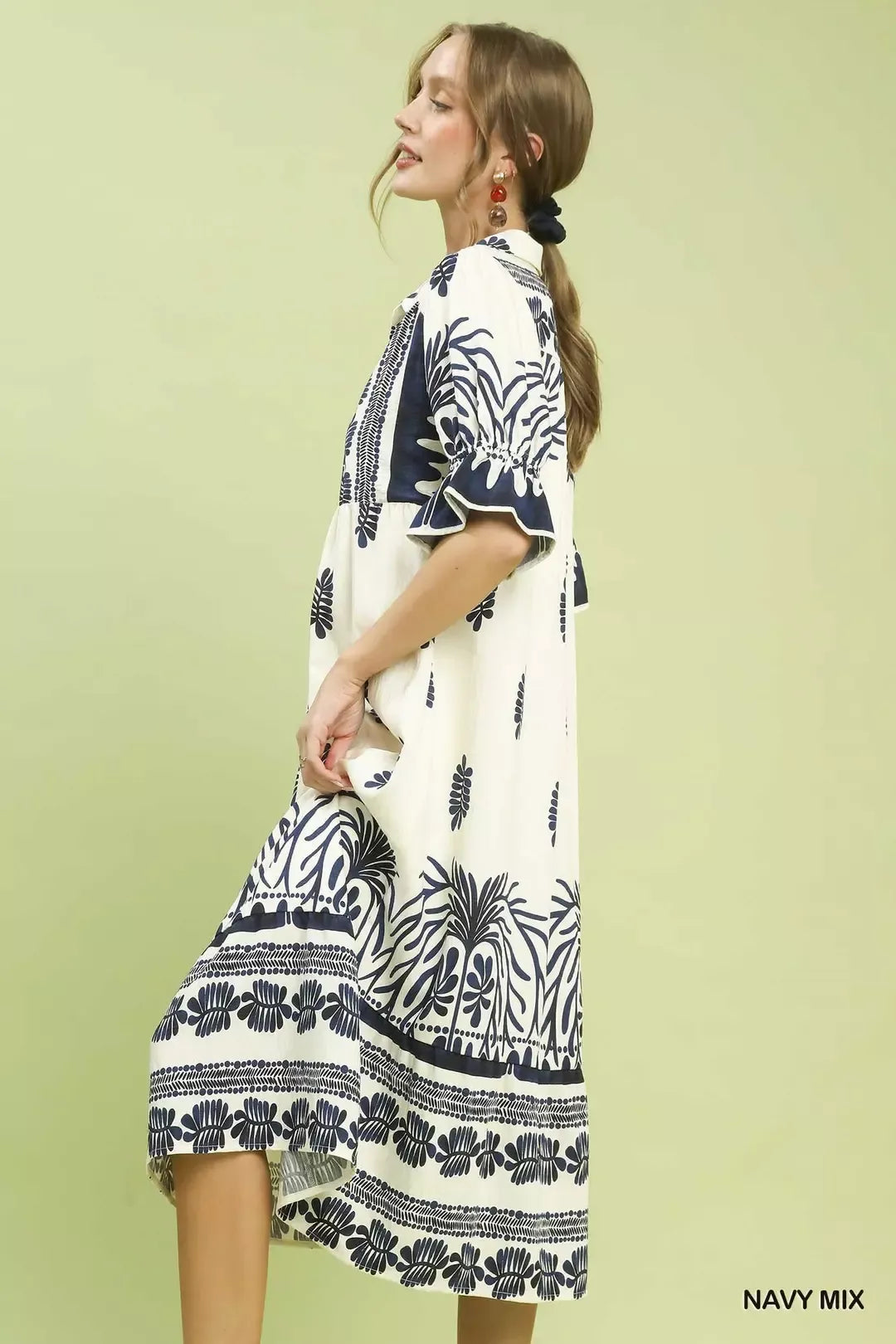 Umgee Navy Mix Border Print Midi Dress with Puff Sleeves