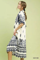 Umgee Navy Mix Border Print Midi Dress with Puff Sleeves