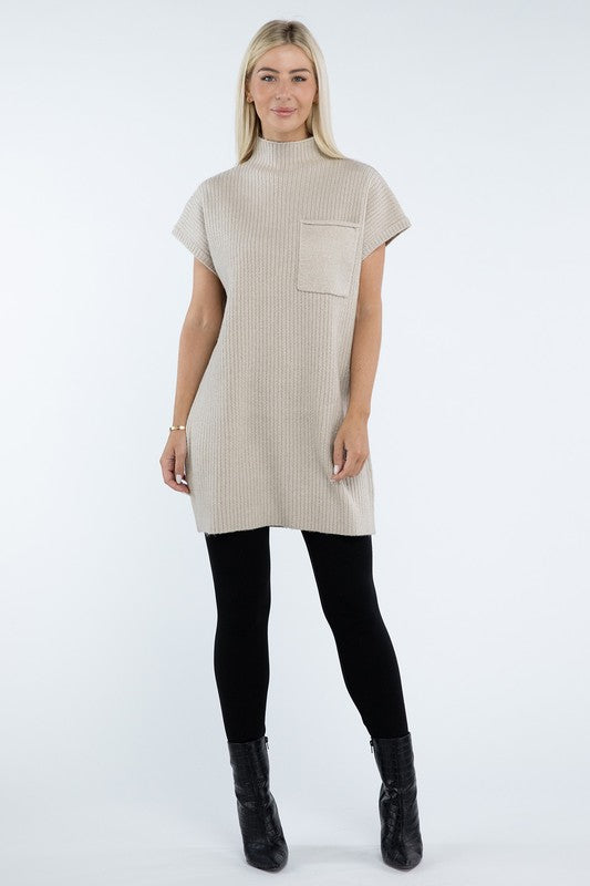 Zenana Mock Neck Short Sleeve Sweater Dress with Pocket in 6 Colors! ZENANA