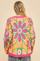 Davi & Dani Neon Orange Floral Contrast V-Neck Dropped Shoulder Sweater Trendsi