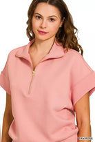 Zenana Tan Rose Scuba High Neck Half Zip Short Sleeve Top