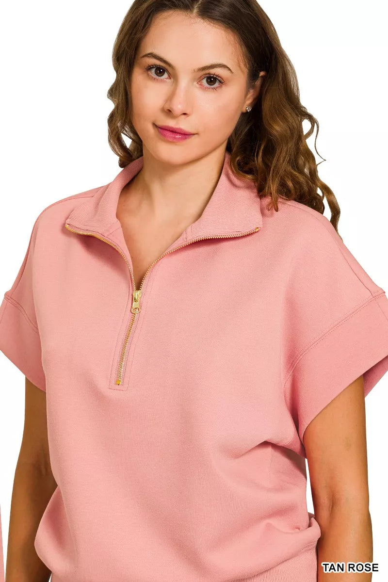Zenana Tan Rose Scuba High Neck Half Zip Short Sleeve Top