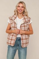 Haptics Taupe/Caramel Snap Button Down Plaid Quilted Vest Jacket