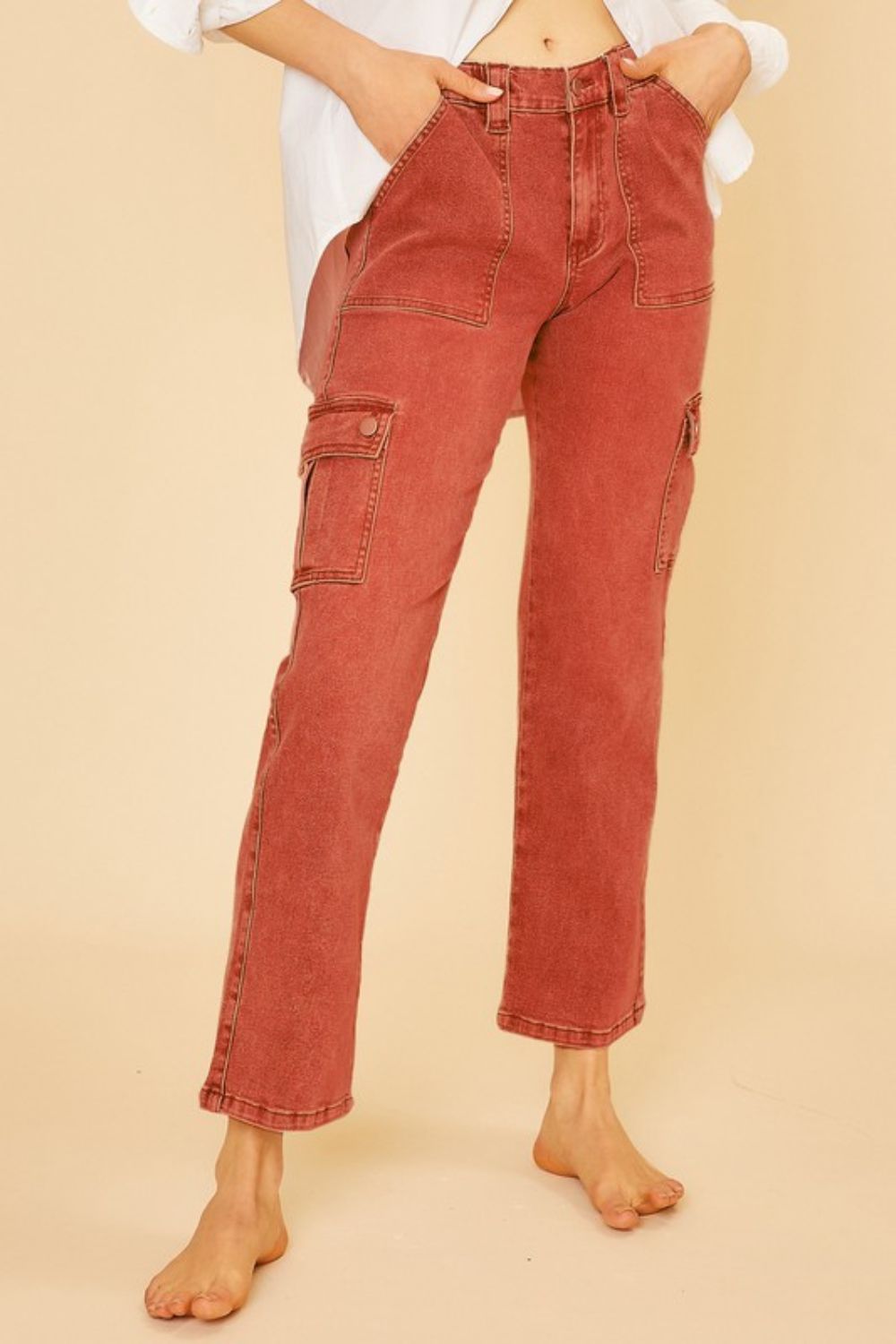 Annie Wear Mineral Red Washed Straight Leg Stretch Jeans with Cargo Pockets Orange-Red