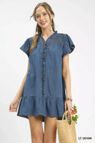 Umgee Ruffled Washed Denim Dress LT. DENIM