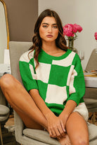 BiBi Jade Checkered Contrast Round Neck Sweater Jade Trendsi