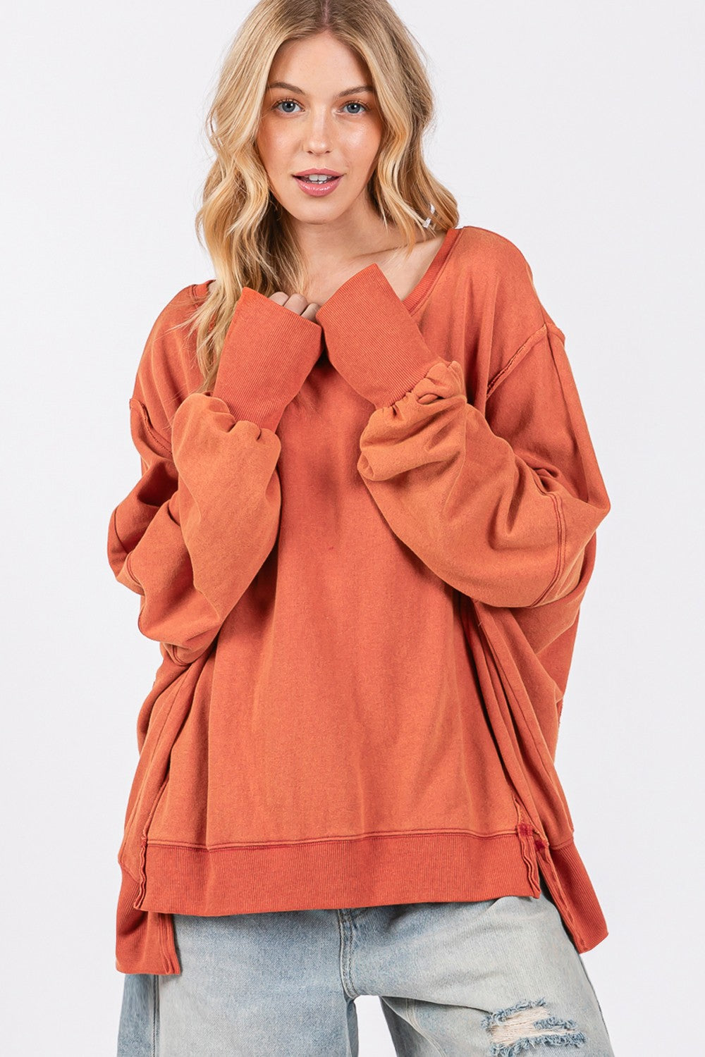 SAGE + FIG Amber Mineral Washed Side Slit Oversized Sweatshirt Trendsi