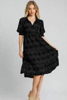 Umgee Black Swiss Dot Jacquard Tiered Midi Dress Black