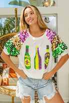BiBi Sequin Mardi Gras Bottles Spangled Sleeve Top