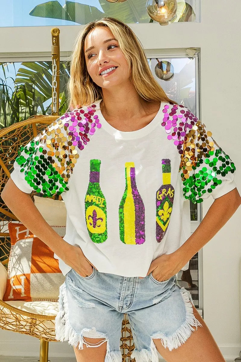BiBi Sequin Mardi Gras Bottles Spangled Sleeve Top