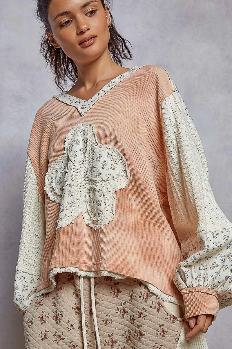 POL Pink Raw Hem Washed Hoodie with Flower Patch