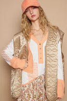 POL Mocha Front Zipper Floral Pattern Quilted Vest Coat with Front Pockets