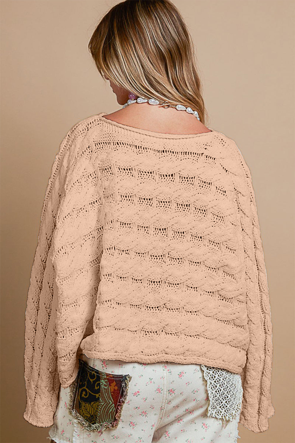 POL Honey Gold Round Neck Cable Knit Cropped Chenille Sweater Trendsi