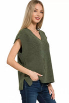 Zenana Dark Olive Ribbed Slit V-Neck Sweater Vest