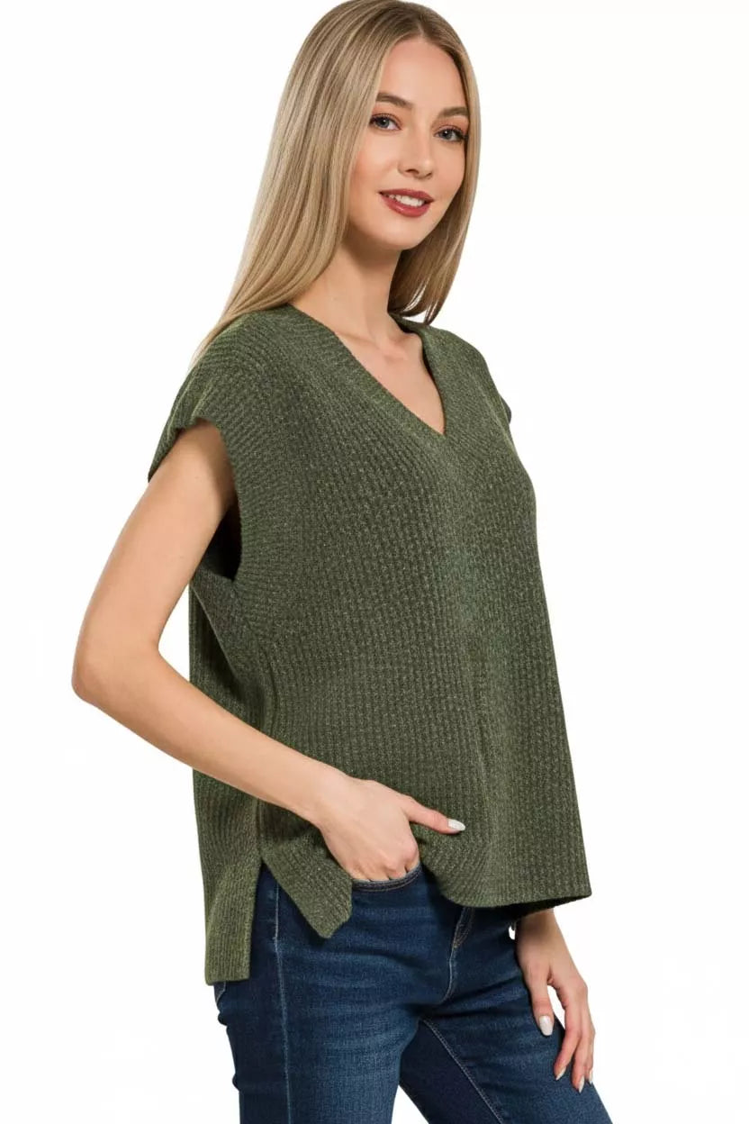 Zenana Dark Olive Ribbed Slit V-Neck Sweater Vest